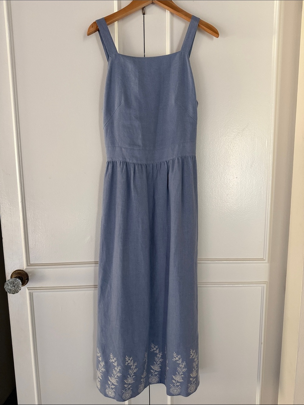 Christy Dawn Low Back Light Blue Embroidered Midi Dress
